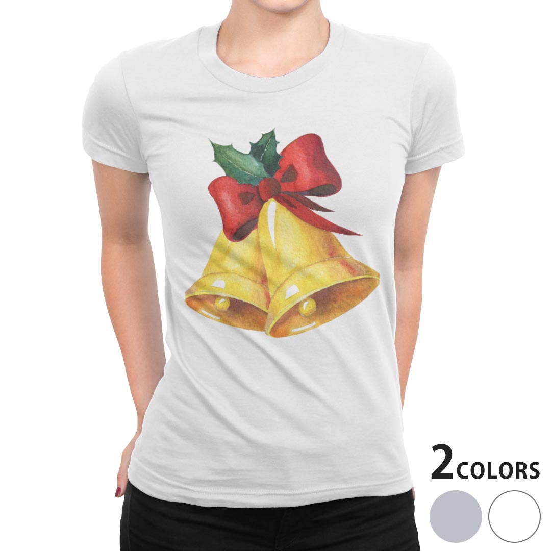 tシャツ レディース 半袖 白地 デザイン M L 白 ホワイト グレー Tシャツ ティーシャツ T shirt 014888 ベル クリスマス イラスト