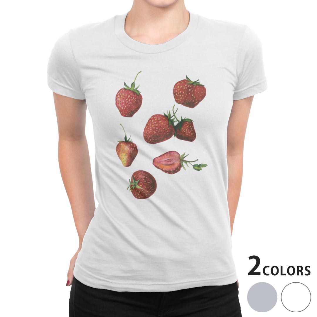 tシャツ レディース 半袖 白地 デザイン M L 白 ホワイト グレー Tシャツ ティーシャツ T shirt 014891 イチゴ 苺 イラスト