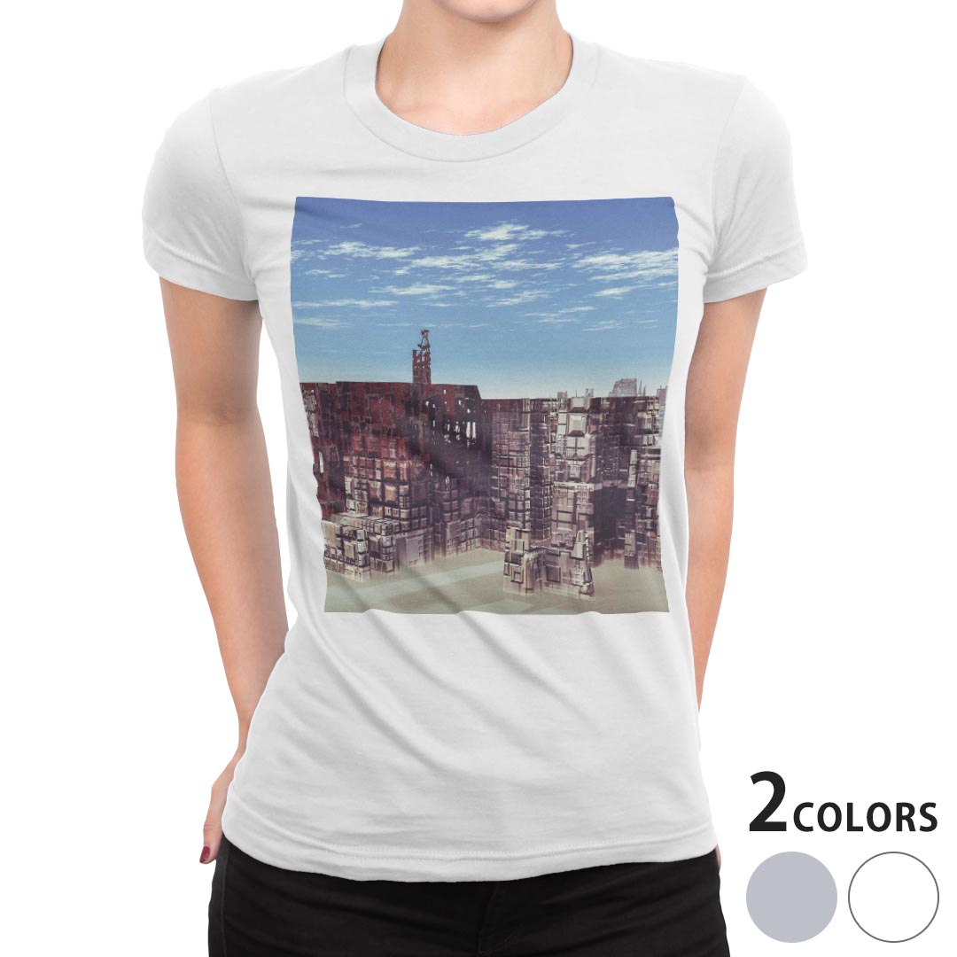 tシャツ レディース 半袖 白地 デザイン M L 白 ホワイト グレー Tシャツ ティーシャツ T shirt 014980 景色　自然　風景　イラスト　雲