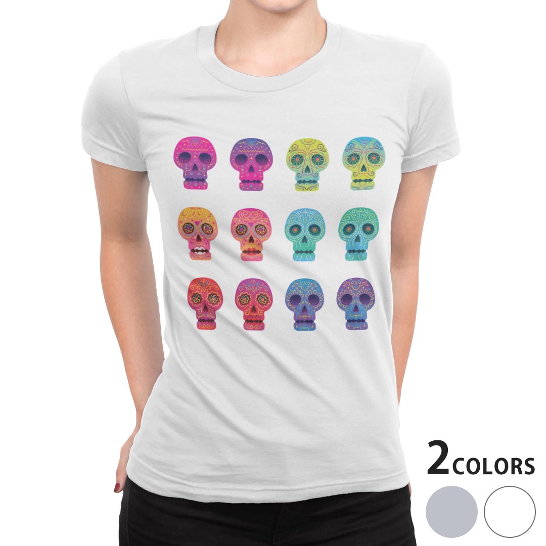 tシャツ レディース 半袖 白地 デザイン M L 白 ホワイト グレー Tシャツ ティーシャツ T shirt 015451 骸骨　スカル　カラフル