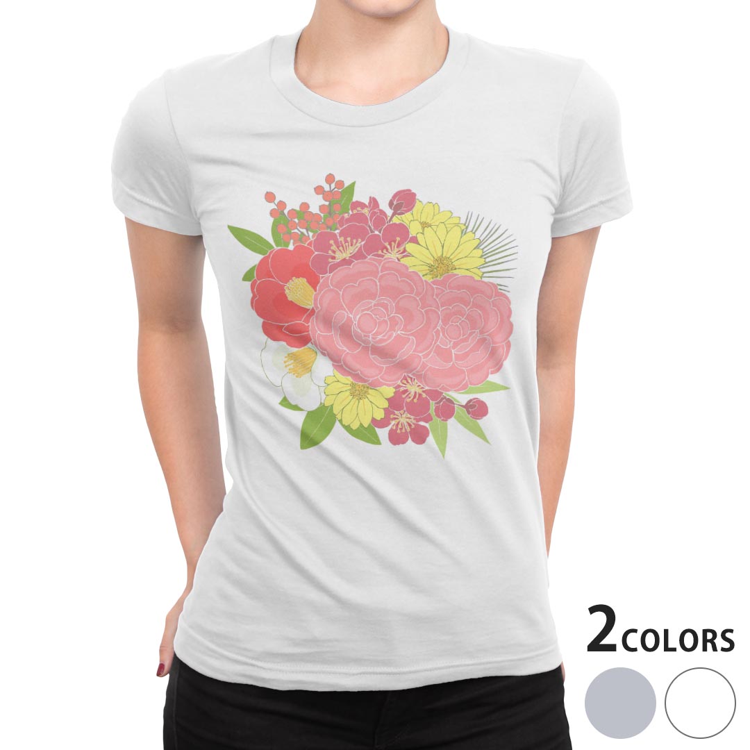 tシャツ レディース 半袖 白地 デザイン S M L XL Tシャツ ティーシャツ T shirt 015571 花　絵　バラ　花束