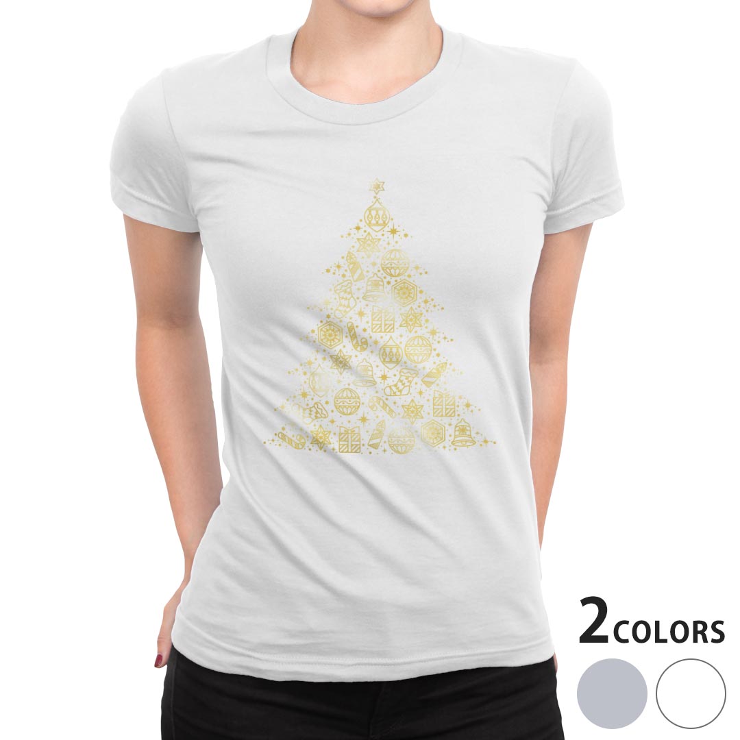 tシャツ レディース 半袖 白地 デザイン M L 白 ホワイト グレー Tシャツ ティーシャツ T shirt 015608 ゴールド ツリー クリスマス