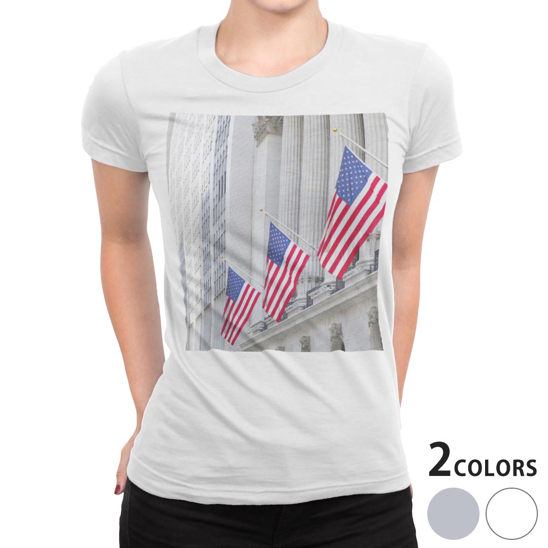tシャツ レディース 半袖 白地 デザイン M L 白 ホワイト グレー Tシャツ ティーシャツ T shirt 015717 アメリカ　国旗　写真