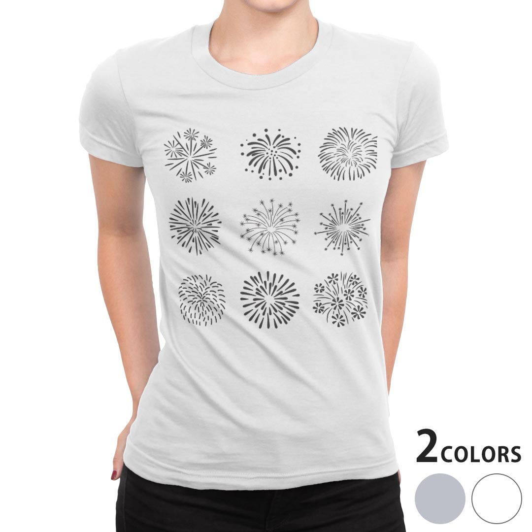 tシャツ レディース 半袖 白地 デザイン M L 白 ホワイト グレー Tシャツ ティーシャツ T shirt 015941 花火 夏 空