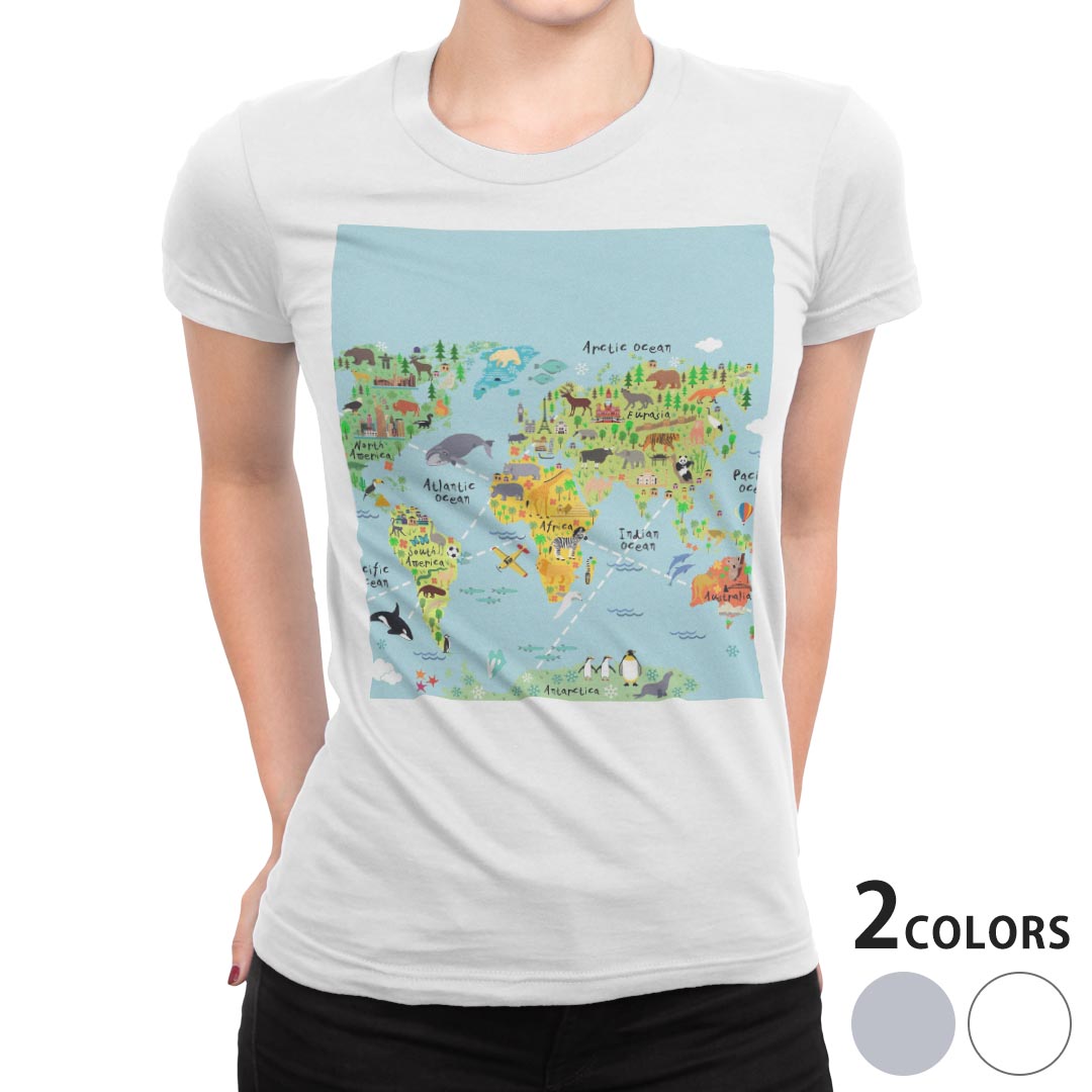 tシャツ レディース 半袖 白地 デザイン S M L XL Tシャツ ティーシャツ T shirt 015949 世界地図　wordmap