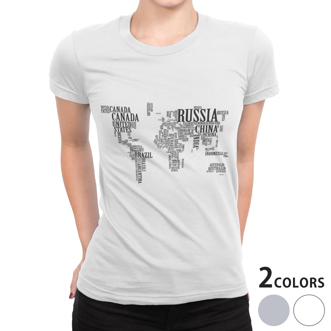 tシャツ レディース 半袖 白地 デザイン S M L XL Tシャツ ティーシャツ T shirt 016045 世界地図　白黒　英字