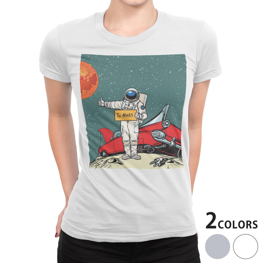 tシャツ レディース 半袖 白地 デザイン M L 白 ホワイト グレー Tシャツ ティーシャツ T shirt 016187 宇宙 車