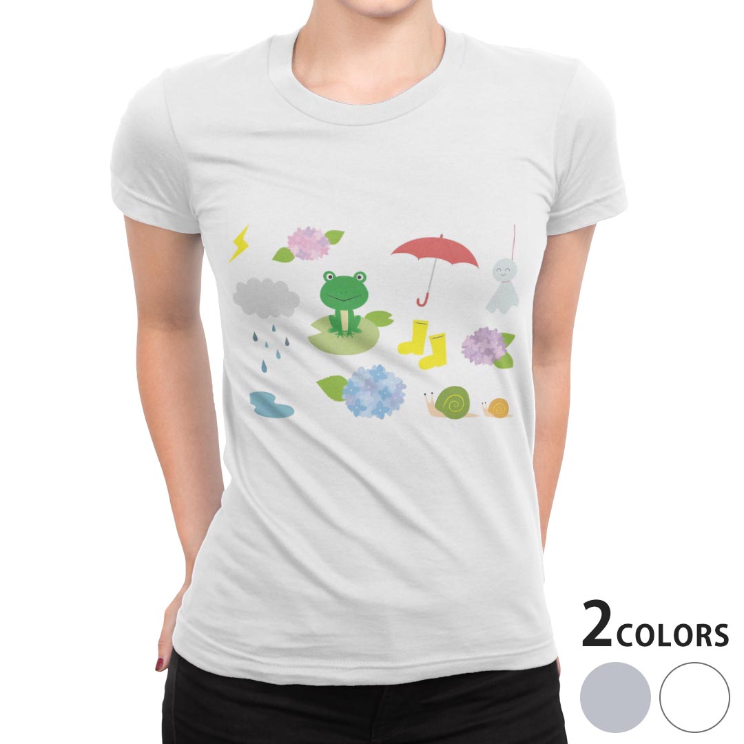tシャツ レディース 半袖 白地 デザイン S M L XL Tシャツ ティーシャツ T shirt 016340 あじさい　梅雨　花　かえる