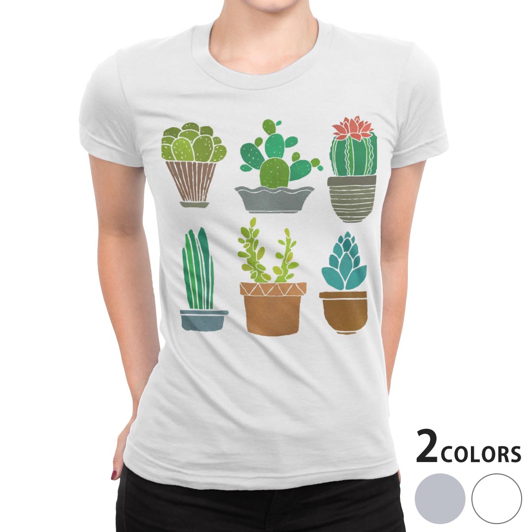 tシャツ レディース 半袖 白地 デザイン M L 白 ホワイト グレー Tシャツ ティーシャツ T shirt 016472 サボテン　植物