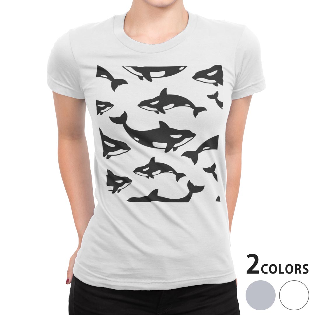 tシャツ レディース 半袖 白地 デザイン S M L XL Tシャツ ティーシャツ T shirt 016476 いるか　魚　シャチ