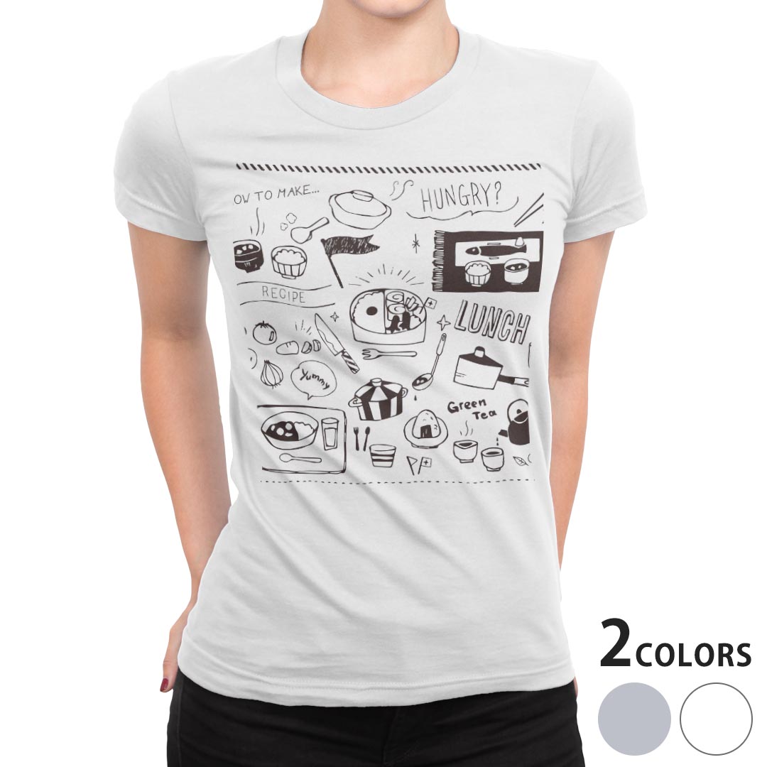 tシャツ レディース 半袖 白地 デザイン S M L XL Tシャツ ティーシャツ T shirt 016500 お弁当　モノクロ　手書き　食べ物　ご飯