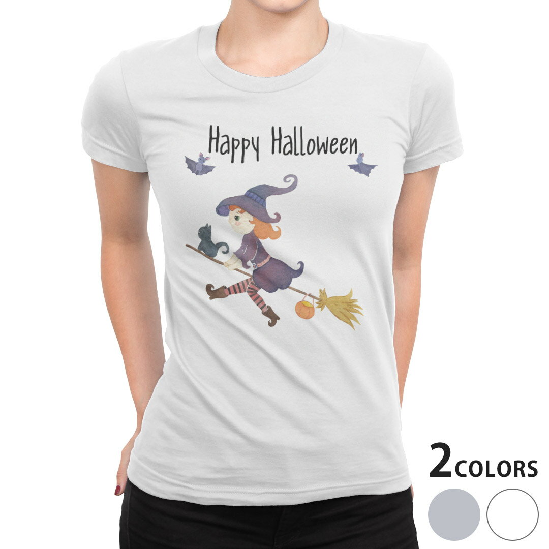 tシャツ レディース 半袖 白地 デザイン M L 白 ホワイト グレー Tシャツ ティーシャツ T shirt 017465 ハロウィン かわいい 魔女 女の子 かわいい