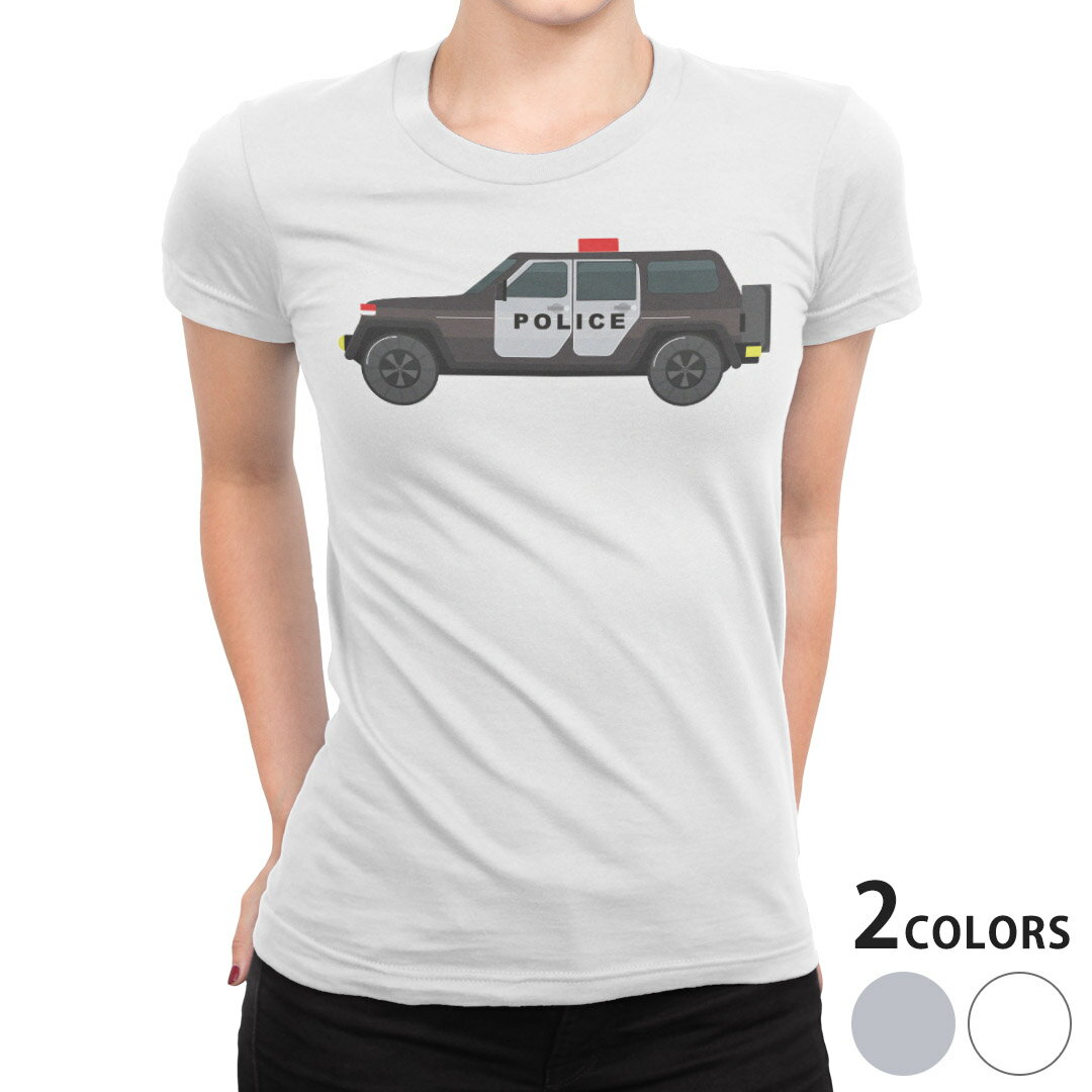 tシャツ レディース 半袖 白地 デザイン M L 白 ホワイト グレー Tシャツ ティーシャツ T shirt 017511 乗り物 アメリカ　police　車