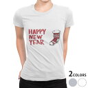 tシャツ レディース 半袖 白地 デザイン S M L XL Tシャツ ティーシャツ T shirt 017685 クリスマス happy　new　year　文字　靴下