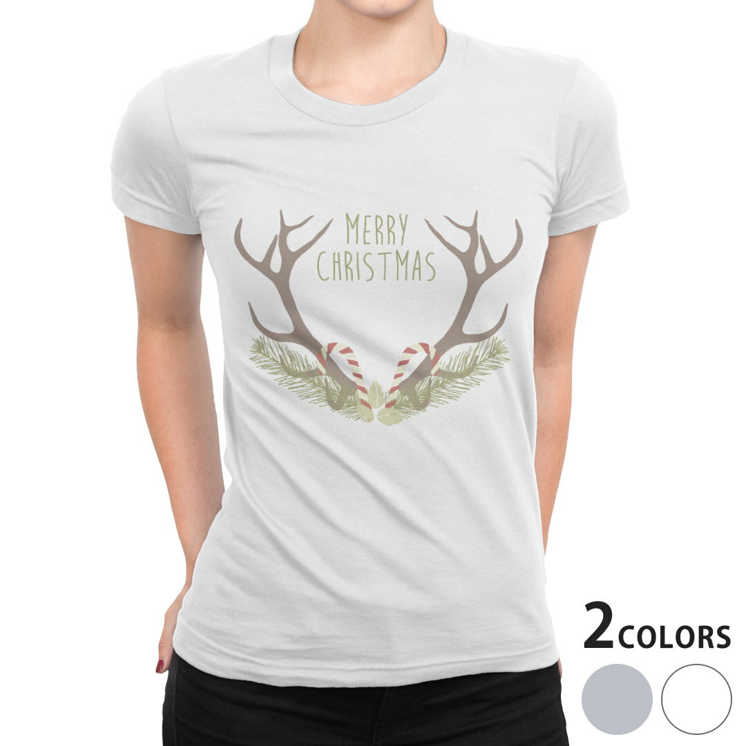 tシャツ レディース 半袖 白地 デザイン M L 白 ホワイト グレー Tシャツ ティーシャツ T shirt 017836 クリスマス トナカイ　角　クリスマス