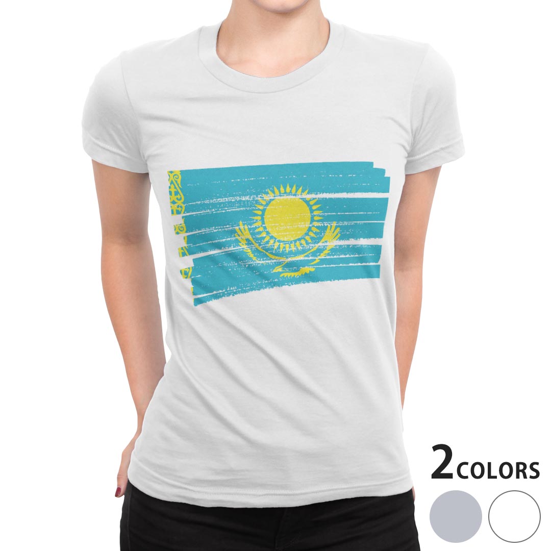 tシャツ レディース 半袖 白地 デザイン M L 白 ホワイト グレー Tシャツ ティーシャツ T shirt 018480 国旗 kazakhstan カザフスタン