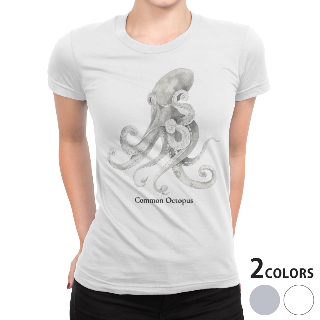 tシャツ レディース 半袖 白地 デザイン S M L XL Tシャツ ティーシャツ T shirt 019730 海の生物 タコ..