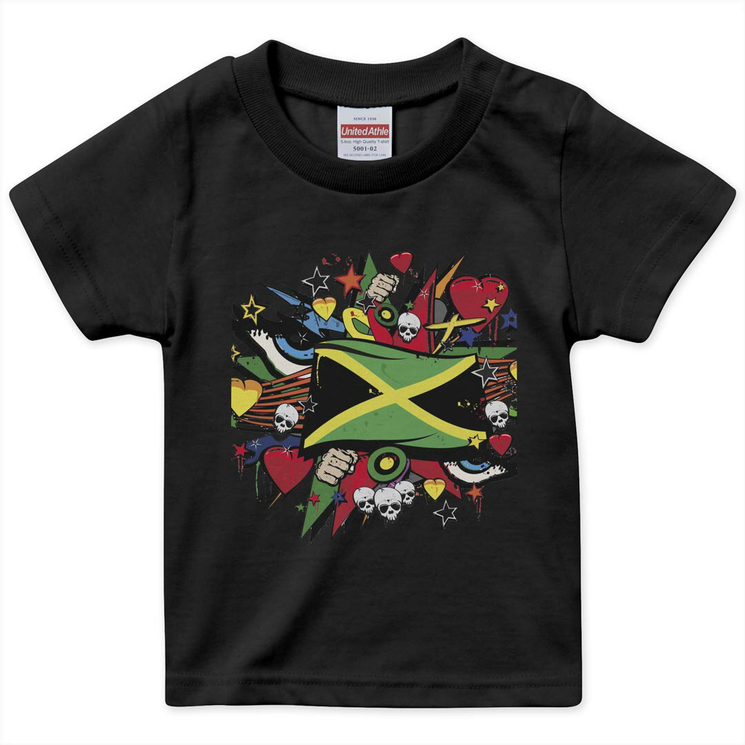 tシャツ キッズ 半袖 黒地 ブラック デザイン 90 100 110 120 130 140 150 160 Tシャツ ティーシャツ T shirt 000270 ジャマイカ　レゲエ　HIPHOP