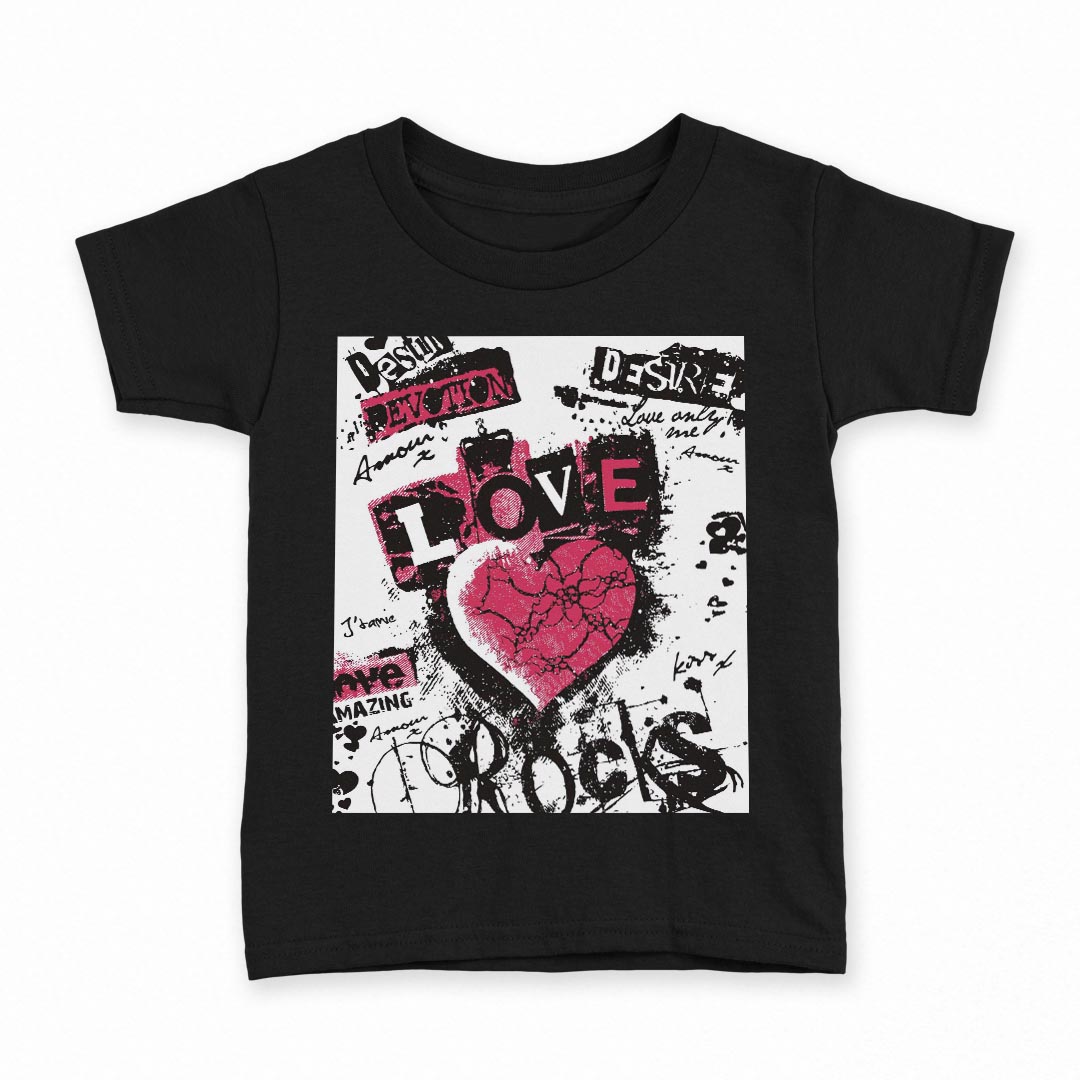 tシャツ キッズ 半袖 黒地 ブラック デザイン 90 100 110 120 130 140 150 160 Tシャツ ティーシャツ T shirt 001094 ハート　ROCK