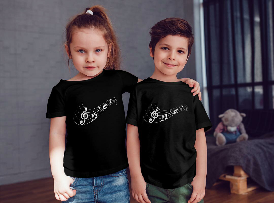 kabeコレのtシャツ キッズ 半袖 黒地 ブラック デザイン 90 100 110 120 130 140 150 Tシャツ ティーシャツ T shirt 031893 音符 いろいろ 楽譜｜アングル2