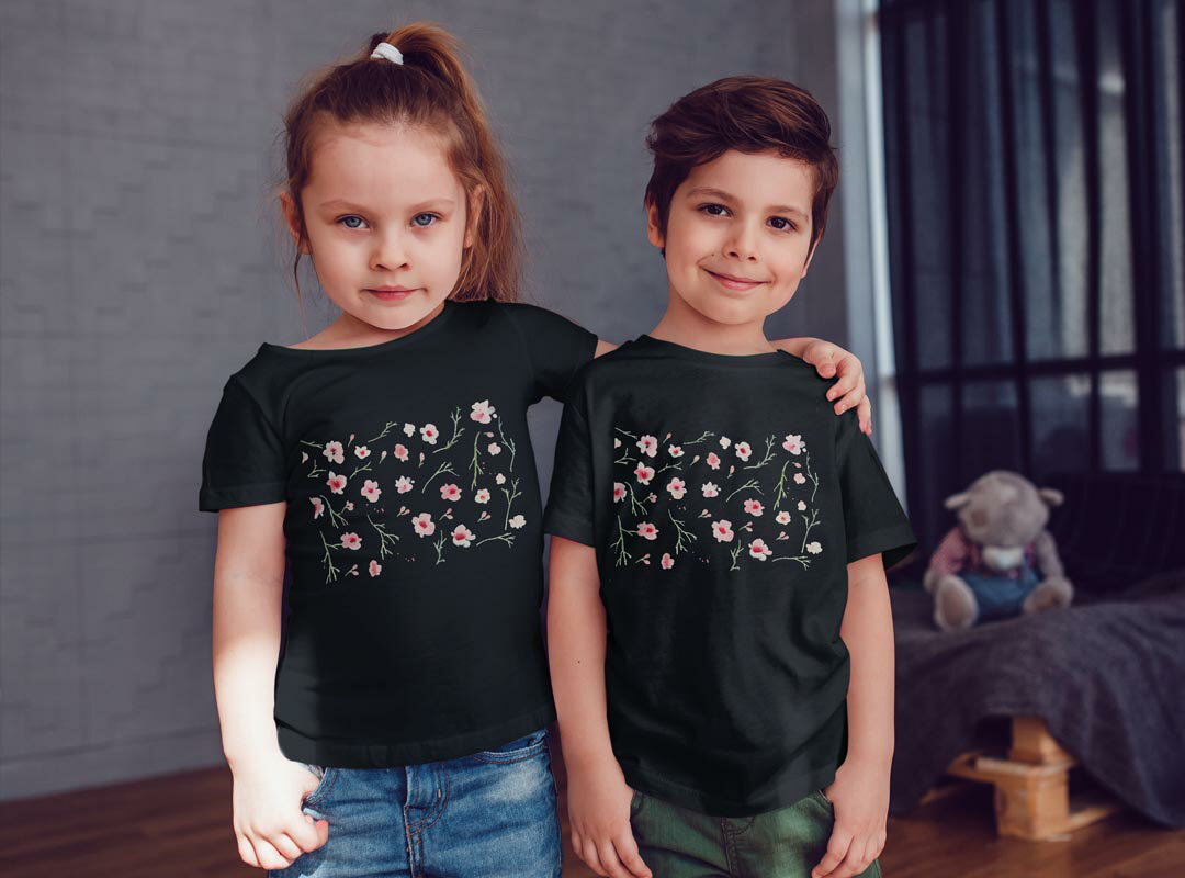 tシャツ キッズ 半袖 黒地 ブラック デザイン 90 100 110 120 130 140 150 160 Tシャツ ティーシャツ T shirt 032219 フラワー