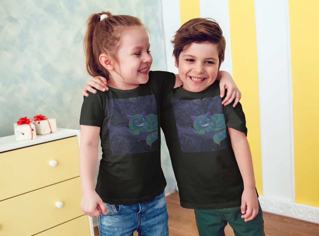 tシャツ キッズ 半袖 黒地 ブラック デザイン 90 100 110 120 130 140 150 Tシャツ ティーシャツ T shirt 006880 チェシャ猫　アリス