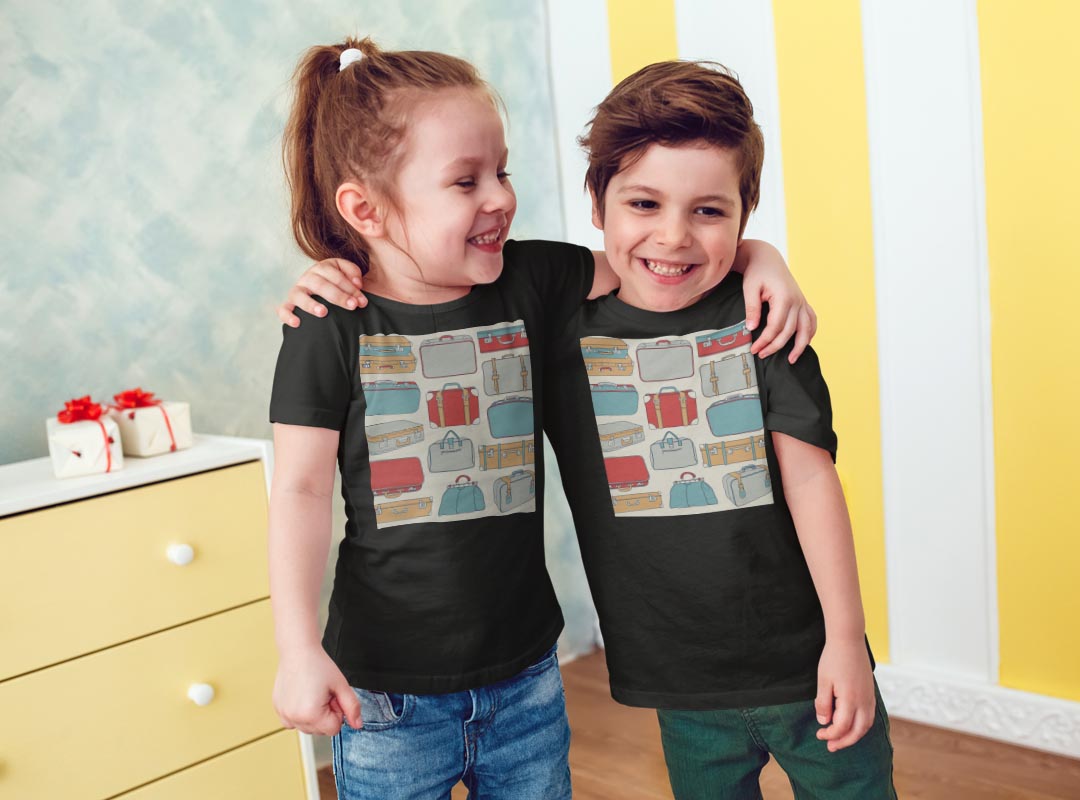 tシャツ キッズ 半袖 黒地 ブラック デザイン 90 100 110 120 130 140 150 160 Tシャツ ティーシャツ T shirt 008910 カラフル　イラスト　鞄　カバン