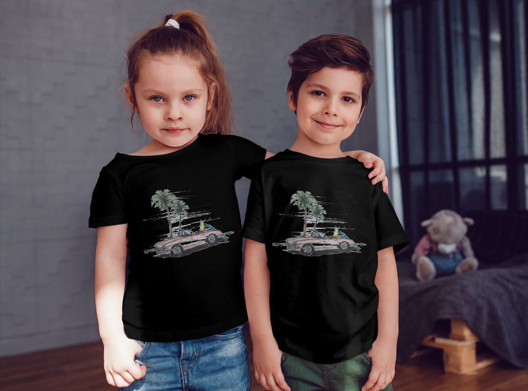 tシャツ キッズ 半袖 黒地 ブラック デザイン 90 100 110 120 130 140 150 Tシャツ ティーシャツ T shirt 014340 ヤシの木　車　サーフィン