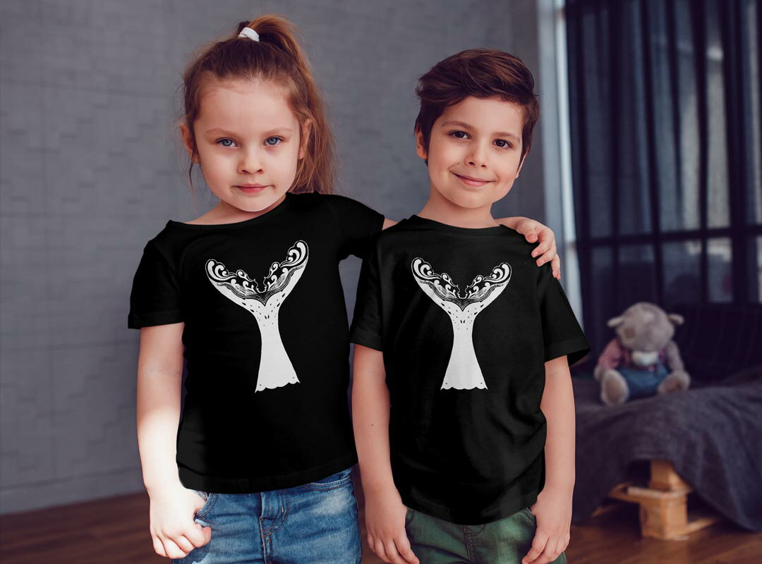 tシャツ キッズ 半袖 黒地 ブラック デザイン 90 100 110 120 130 140 150 Tシャツ ティーシャツ T shirt 014581 クジラ　しっぽ