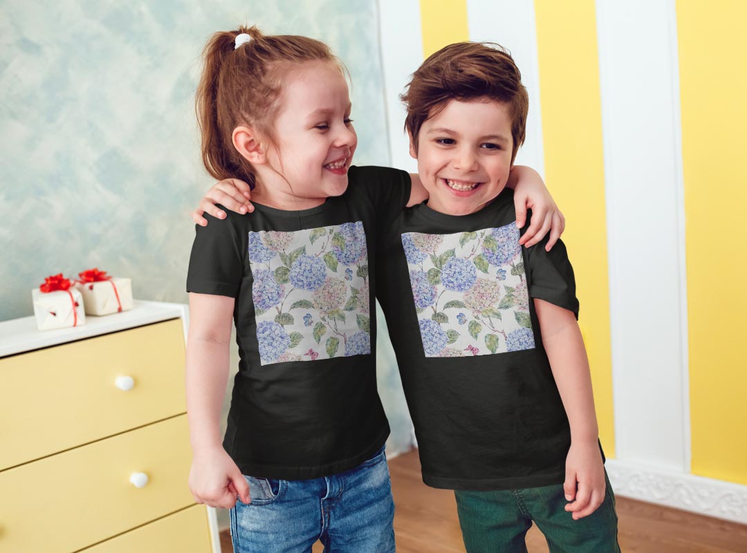 tシャツ キッズ 半袖 黒地 ブラック デザイン 90 100 110 120 130 140 150 160 Tシャツ ティーシャツ T shirt 014672 花　フラワー　アジサイ