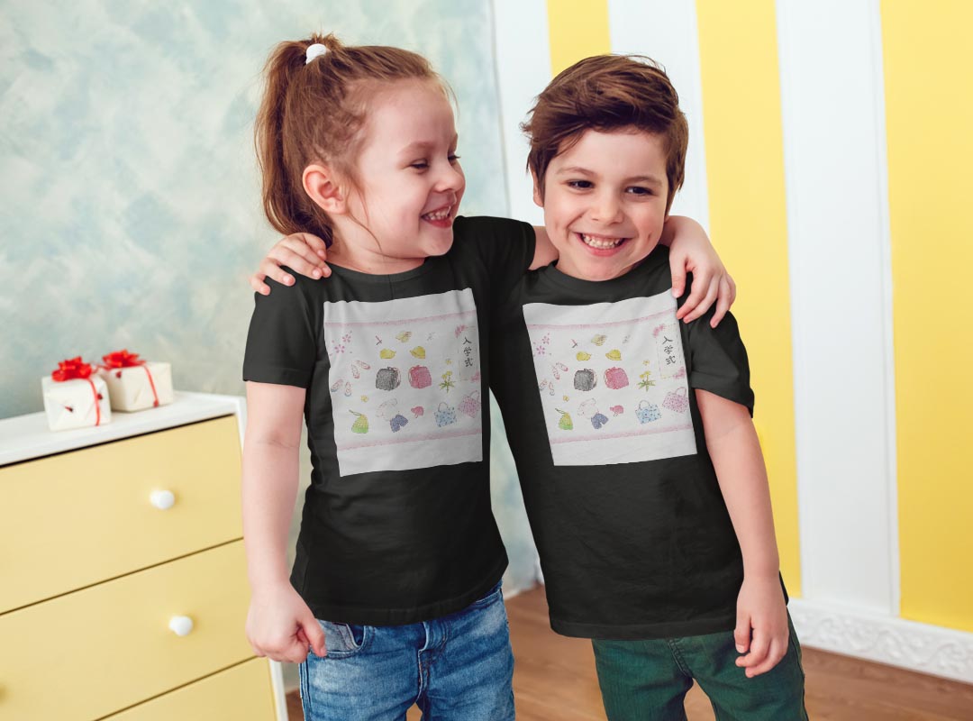 tシャツ キッズ 半袖 黒地 ブラック デザイン 90 100 110 120 130 140 150 160 Tシャツ ティーシャツ T shirt 015262 春　桜　ランドセル　入学式　こども