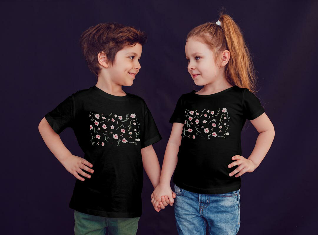 tシャツ キッズ 半袖 黒地 ブラック デザイン 90 100 110 120 130 140 150 160 Tシャツ ティーシャツ T shirt 032219 フラワー