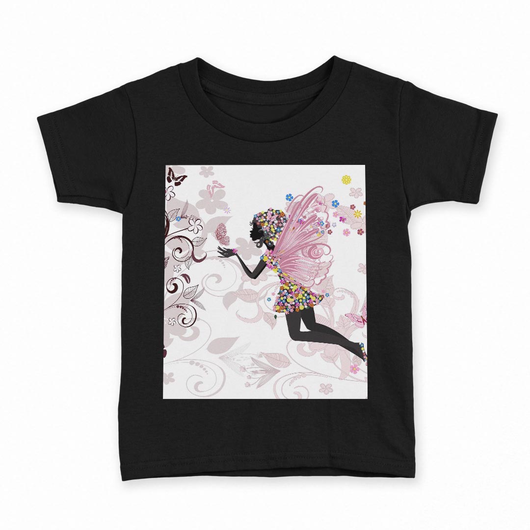 tシャツ キッズ 半袖 黒地 ブラック デザイン 90 100 110 120 130 140 150 160 Tシャツ ティーシャツ T shirt 003317 人物　花　カラフル