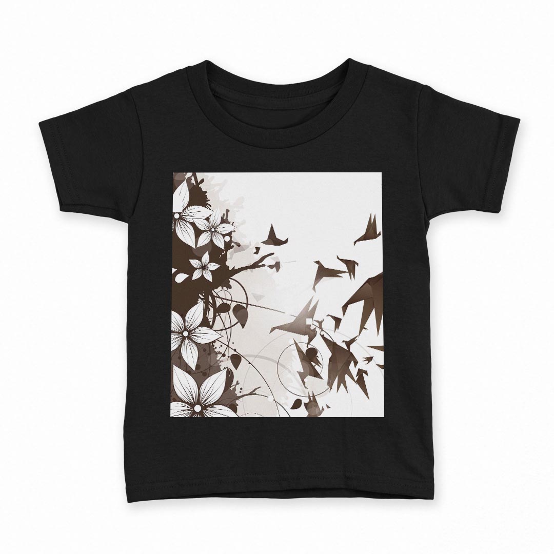 tシャツ キッズ 半袖 黒地 ブラック デザイン 90 100 110 120 130 140 150 160 Tシャツ ティーシャツ T shirt 003349 花　鳥　イラスト