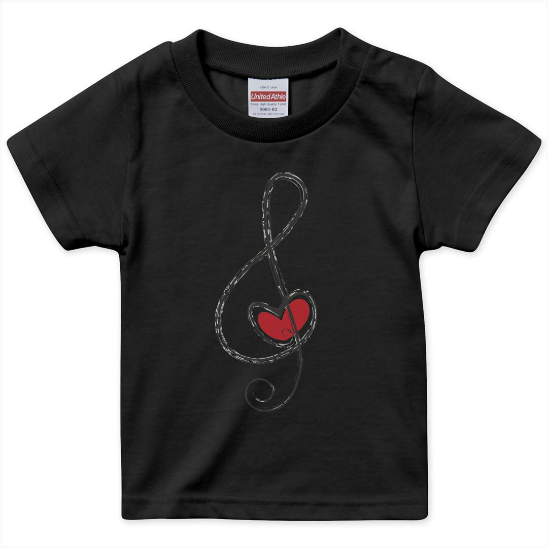 tシャツ キッズ 半袖 黒地 ブラック デザイン 90 100 110 120 130 140 150 160 Tシャツ ティーシャツ T shirt 003383 音楽 音符 ハート