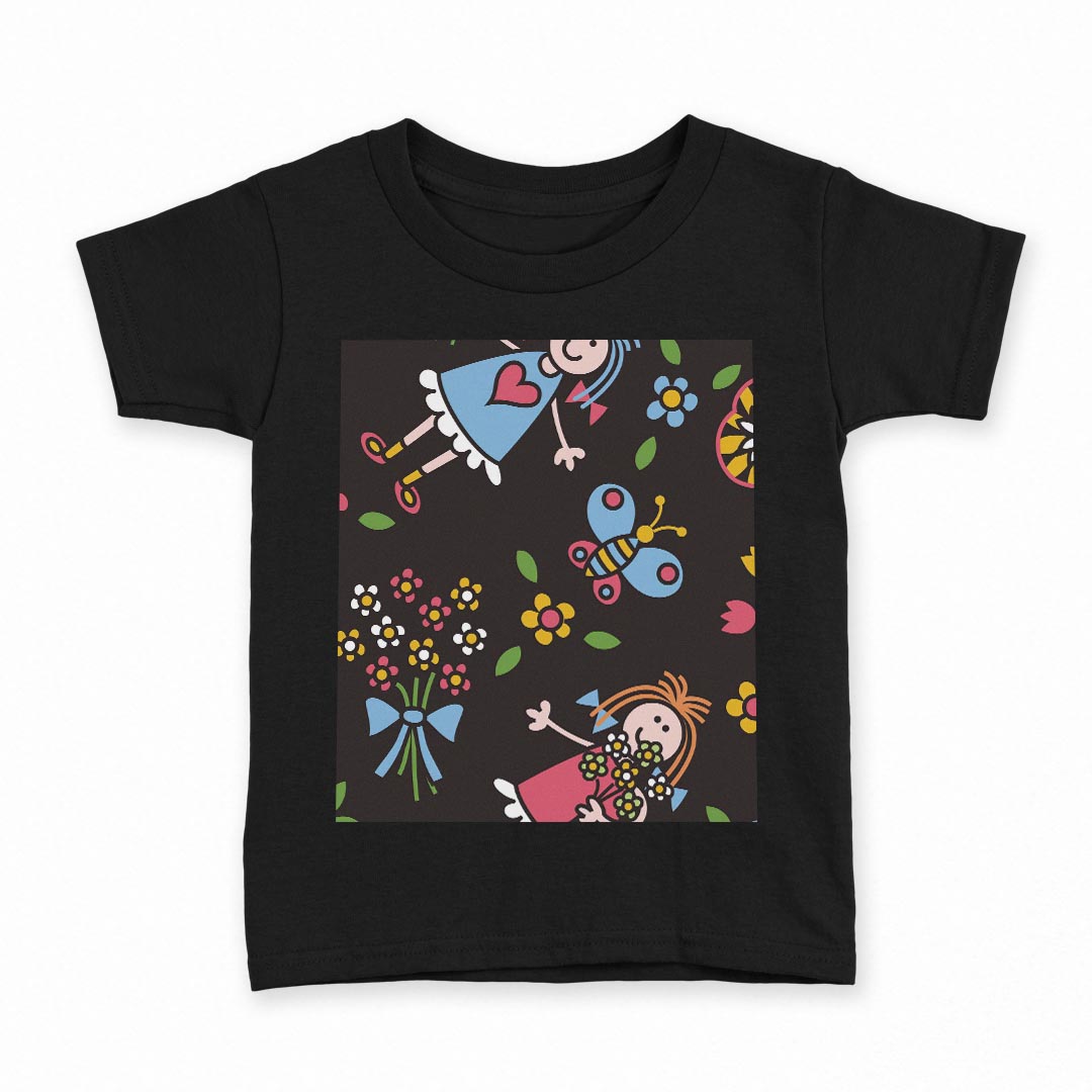 tシャツ キッズ 半袖 黒地 ブラック デザイン 90 100 110 120 130 140 150 160 Tシャツ ティーシャツ T shirt 003894 キャラクター 花 ポップ