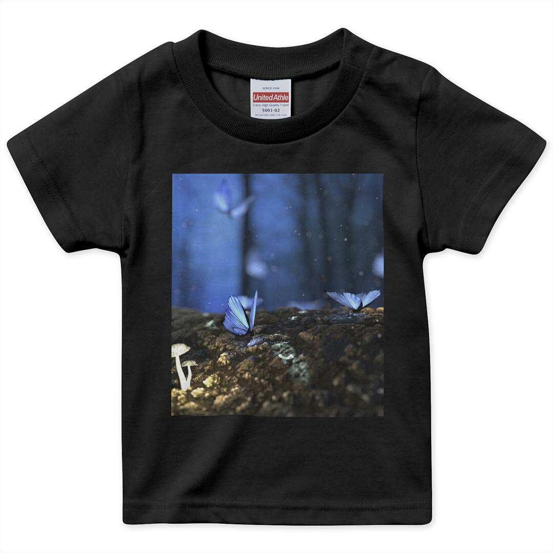 キッズ 半袖 黒地 ブラック デザインTシャツ 黒T 90 100 110 120 130 140 150 ティーシャツ T shirt 023261 きのこ　蝶々