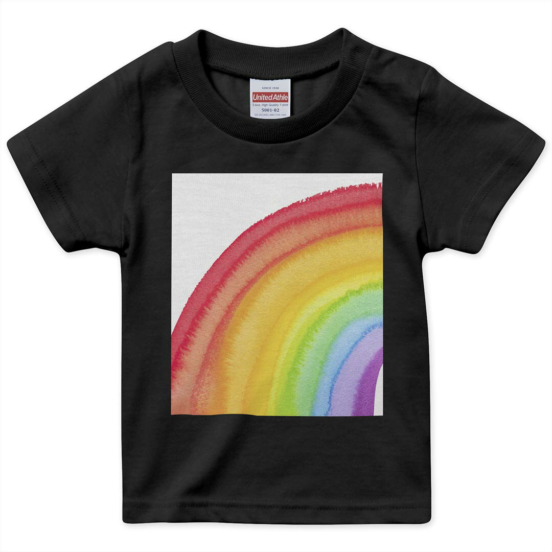 キッズ 半袖 黒地 ブラック デザインTシャツ 黒T 90 100 110 120 130 140 150 ティーシャツ T shirt 023713 虹　レインボー