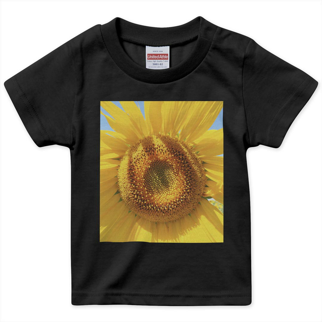 T-Shirts （Short Sleeve） - キッズ 半袖 黒地 ブラック デザインTシャツ 黒T 90 100 110 120 130 140 150 ティーシャツ T shirt 023849 花　フラワー　ひまわり