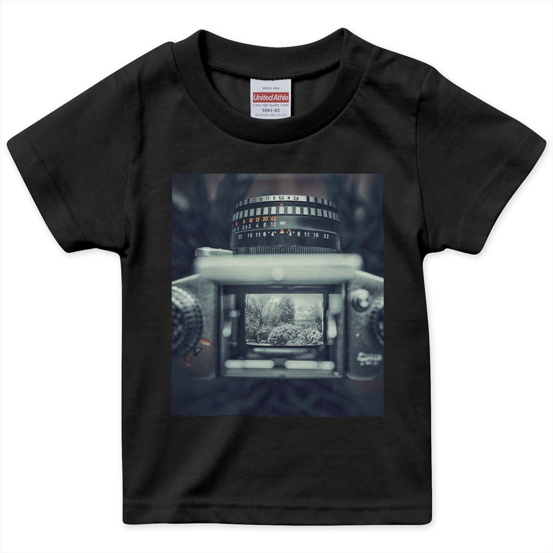 キッズ 半袖 黒地 ブラック デザインTシャツ 黒T 90 100 110 120 130 140 150 ティーシャツ T shirt 023937 カメラ　写真