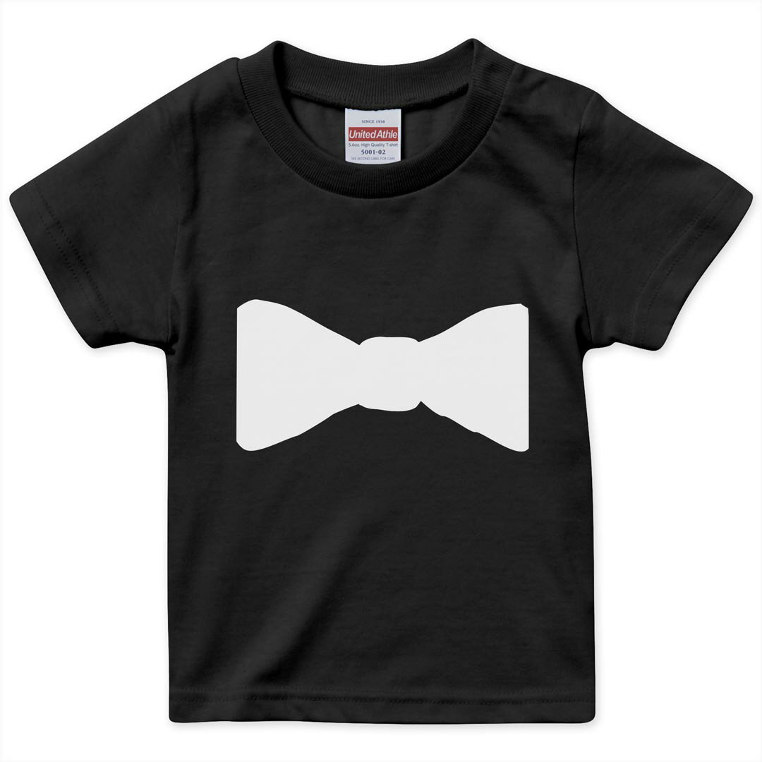 tシャツ キッズ 半袖 黒地 ブラック デザイン 90 100 110 120 130 140 150 Tシャツ ティーシャツ T shirt 026162 リボン　蝶ネクタイ