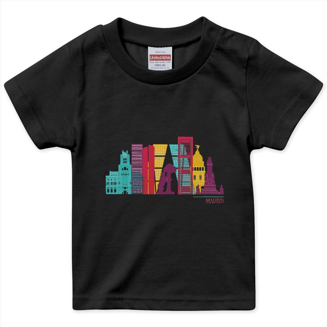 tシャツ キッズ 半袖 黒地 ブラック デザイン 90 100 110 120 130 140 150 Tシャツ ティーシャツ T shirt 031745 マドリード タワー スペイン