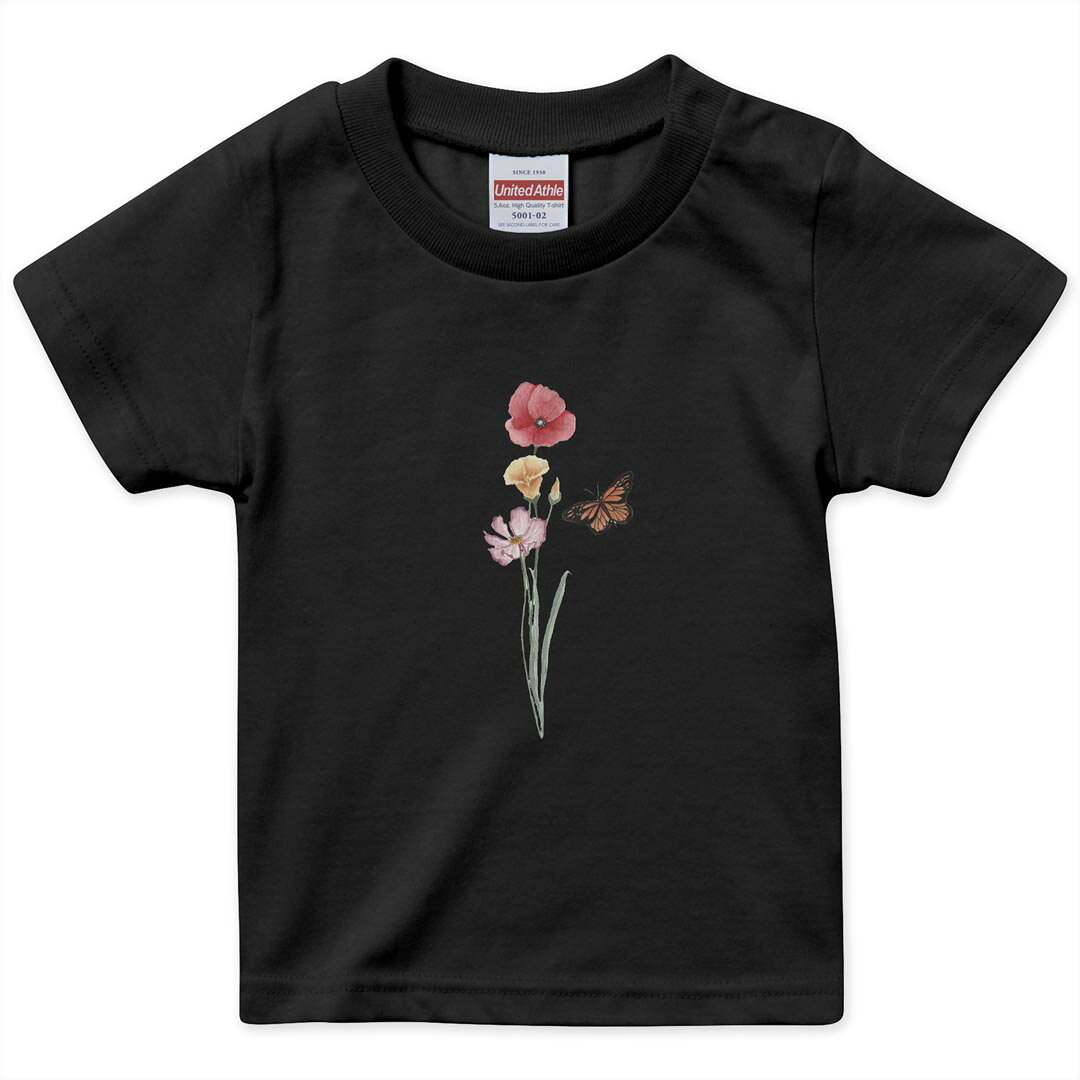 tシャツ キッズ 半袖 黒地 ブラック デザイン 90 100 110 120 130 140 150 Tシャツ ティーシャツ T shirt 031825 花 蝶々 フラワー
