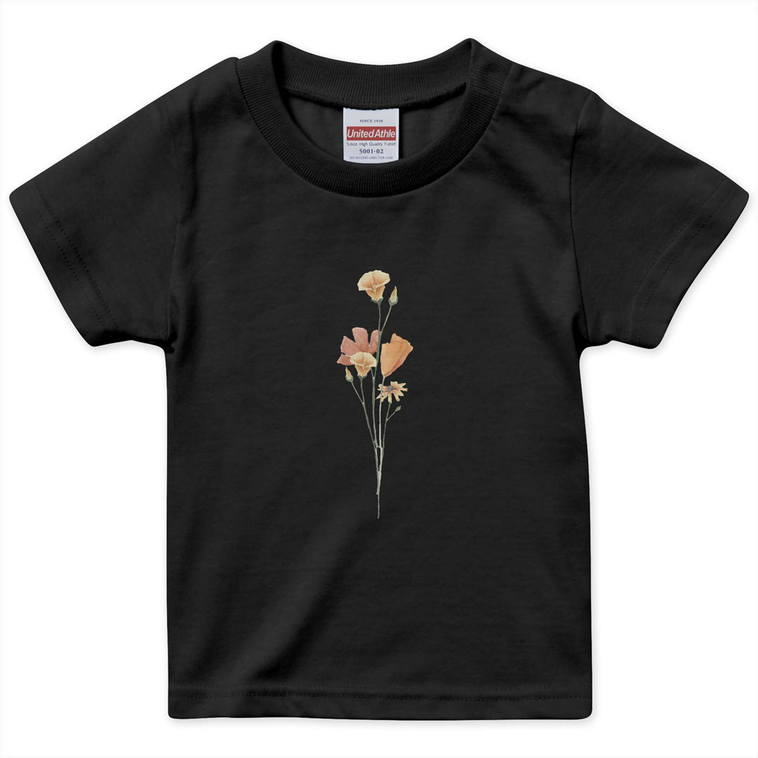 tシャツ キッズ 半袖 黒地 ブラック デザイン 90 100 110 120 130 140 150 160 Tシャツ ティーシャツ T shirt 031836 花 オレンジ つぼみ