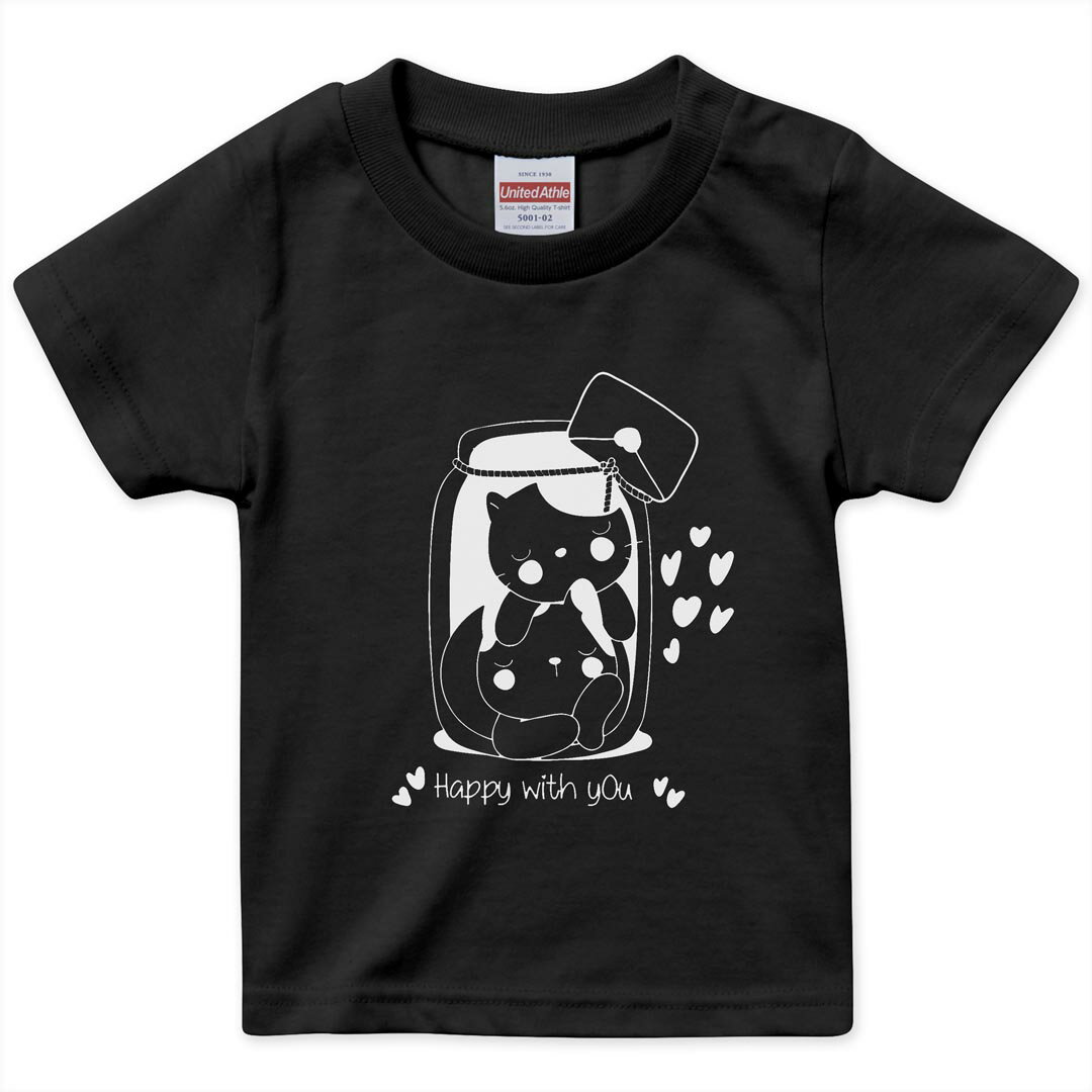 乐天商城 - キッズ 半袖 黒地 ブラック デザインTシャツ 黒T 90 100 110 120 130 140 150 ティーシャツ T shirt 032609 ネコ cat かわいい