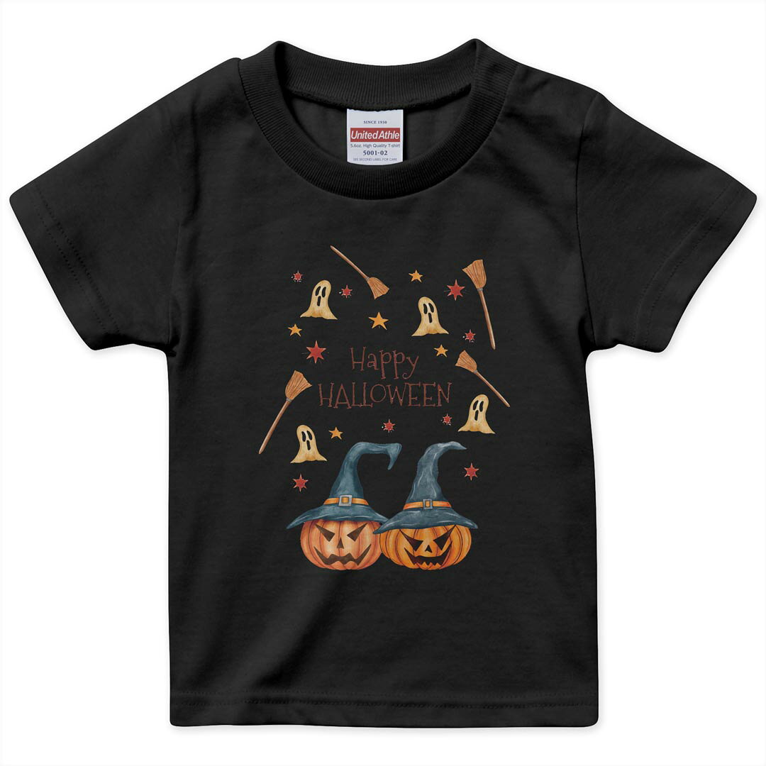 乐天商城 - キッズ 半袖 黒地 ブラック デザインTシャツ 黒T 90 100 110 120 130 140 150 ティーシャツ T shirt 035518 ハロウィン かぼちゃ 魔女