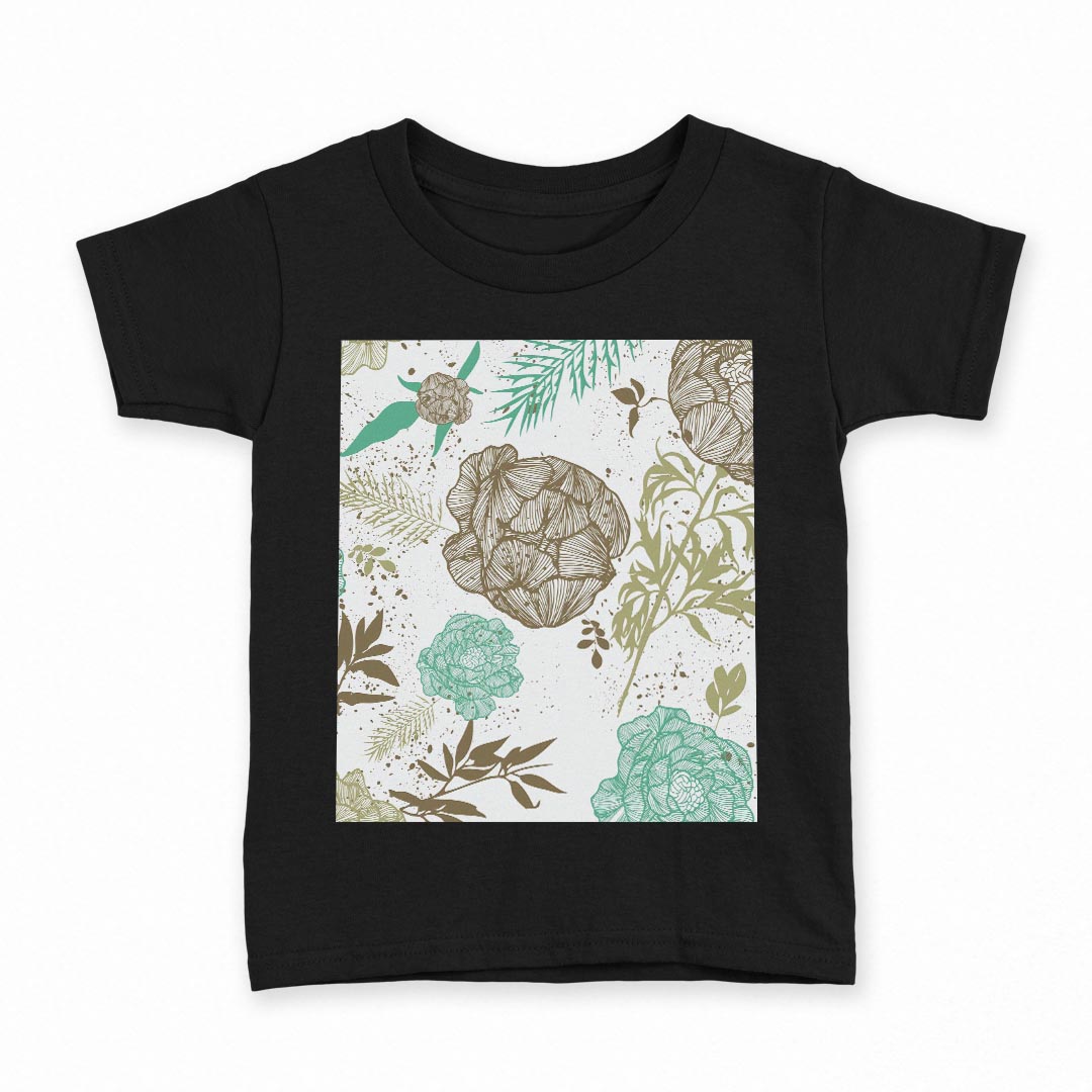 tシャツ キッズ 半袖 黒地 ブラック デザイン 90 100 110 120 130 140 150 Tシャツ ティーシャツ T shirt 004439 花　青　ブラウン