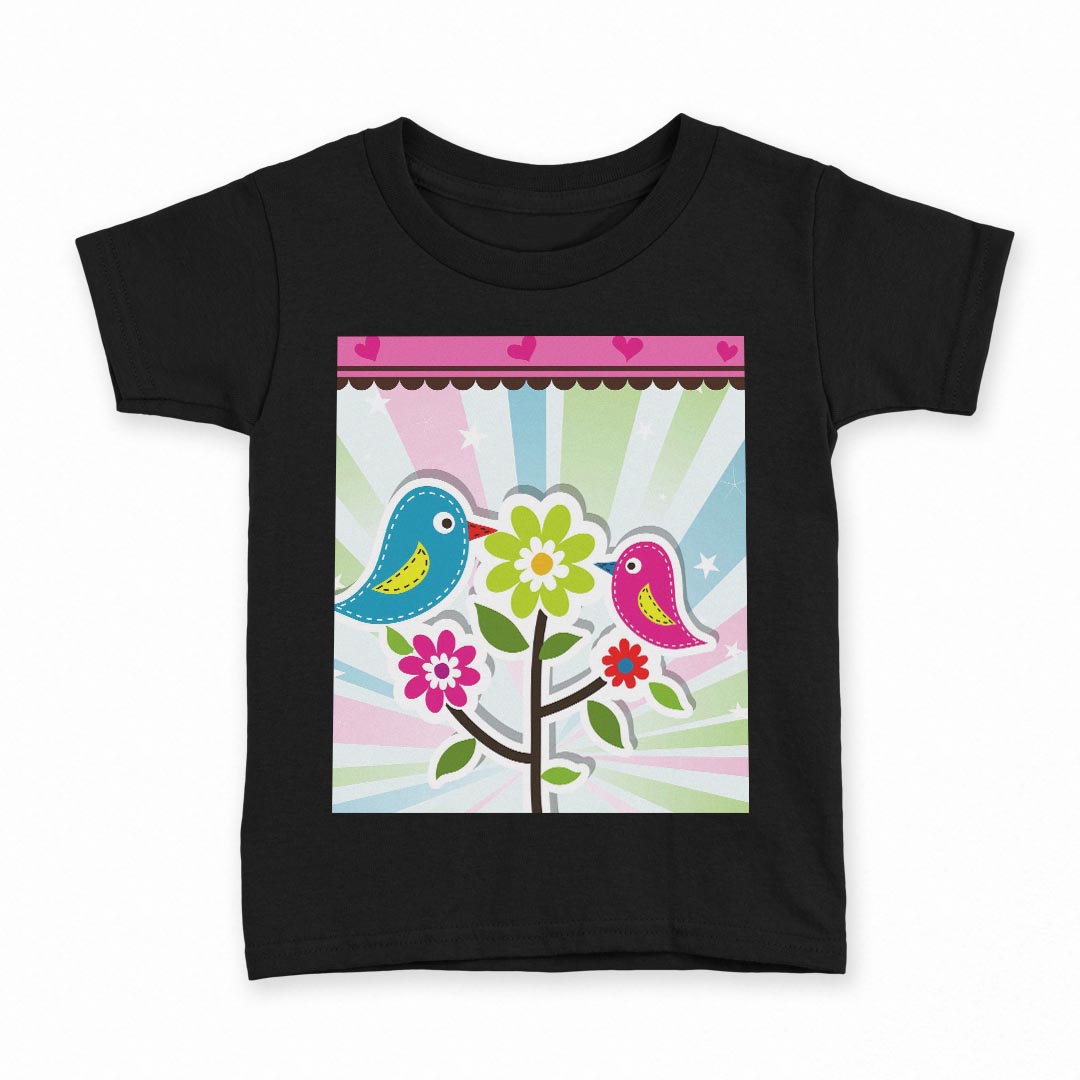 tシャツ キッズ 半袖 黒地 ブラック デザイン 90 100 110 120 130 140 150 160 Tシャツ ティーシャツ T shirt 004573 花　鳥　ハート