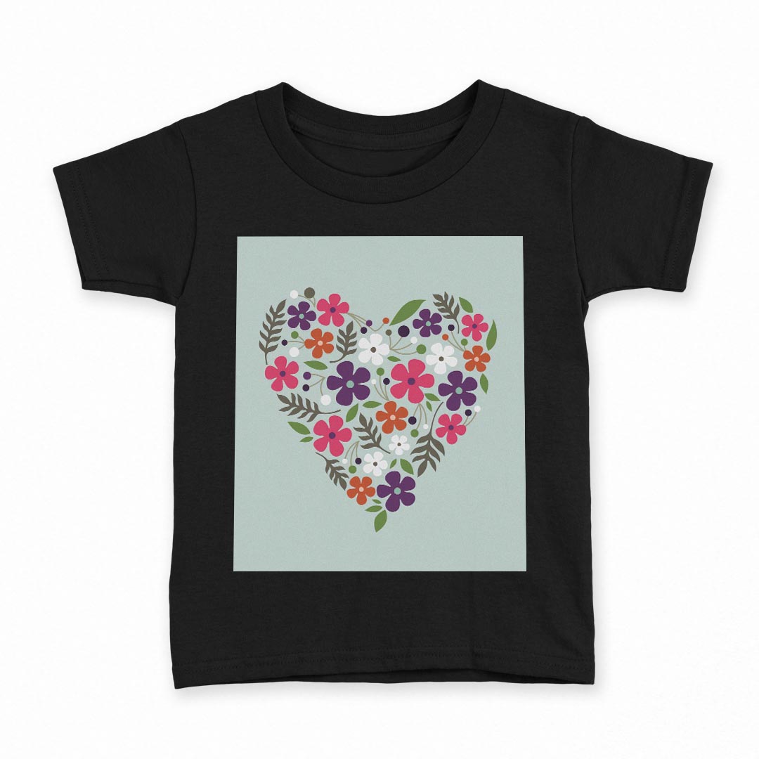 tシャツ キッズ 半袖 黒地 ブラック デザイン 90 100 110 120 130 140 150 Tシャツ ティーシャツ T shirt 005055 ハート　花　イラスト