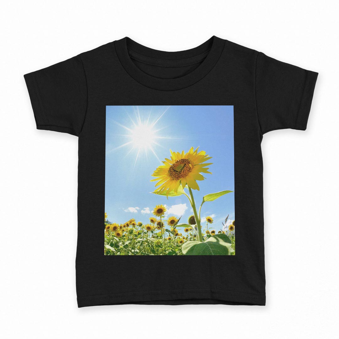 tシャツ キッズ 半袖 黒地 ブラック デザイン 90 100 110 120 130 140 150 160 Tシャツ ティーシャツ T shirt 005089 ひまわり　写真　太陽